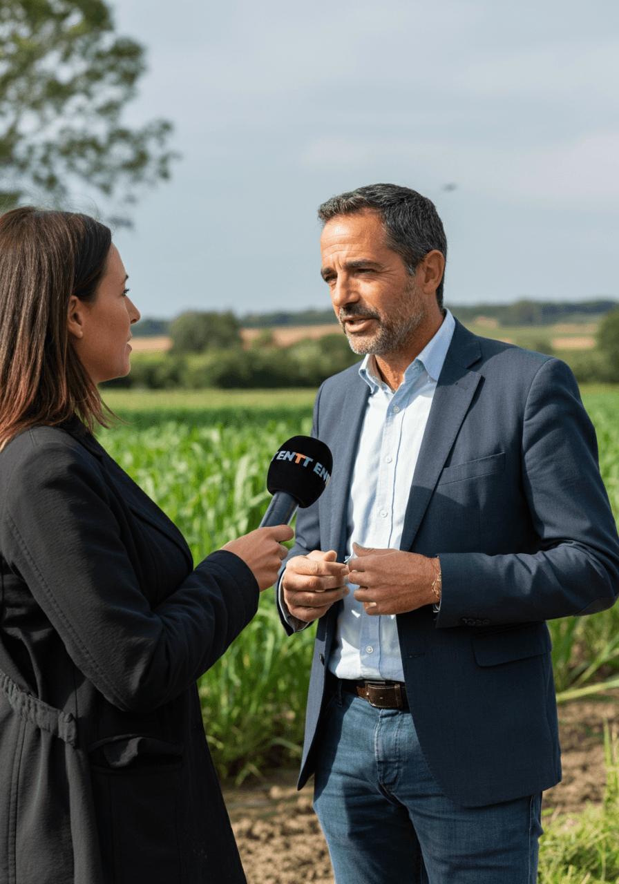 Une journaliste qui interviewe un homme en costume à la campagne